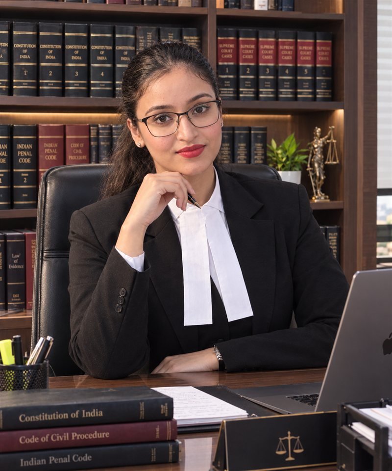 Dr. Jasdeep Kaur, Advocate, at her desk in chambers, with law volumes on the shelves behind her.